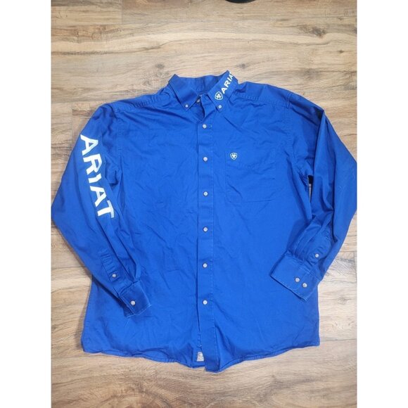 Ariat Real Fitted Western Shirt Solid Blue Long Sleeve Mens Large Embroidered - Picture 1 of 8